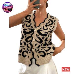 Leopard Print V-Neck Sleeveless Cardigan Sweater Vest Scallop Trim Knit Top